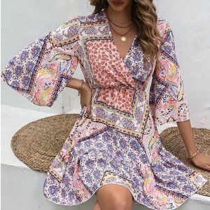 Scarf Print Flounce Sleeve Dress